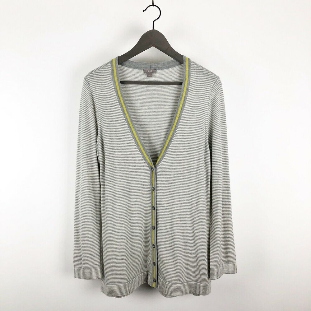 J Jill Sweater Women's LIghtweight Wool Blend Grey White Striped Cardigan